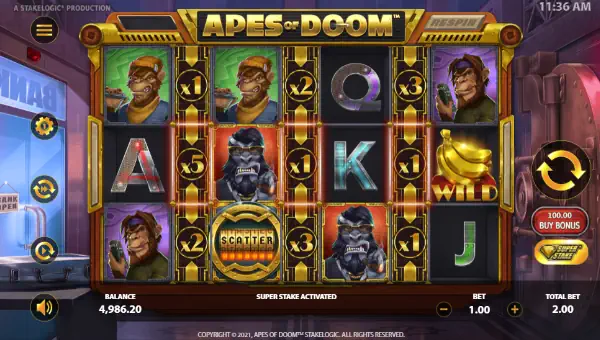 Apes of Doom base game screenshot showing reels and features