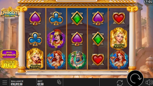 Aphrodite Goes Wild base game screenshot showing reels and features