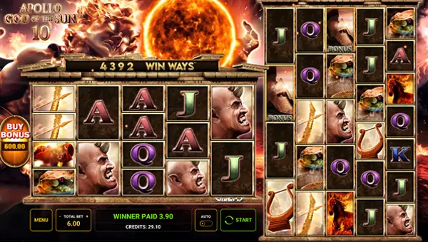 Apollo God of the Sun 10 base game screenshot showing reels and features