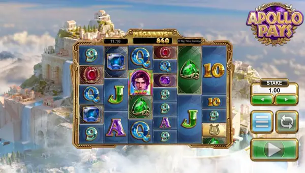 Apollo Pays Megaways base game screenshot showing reels and features
