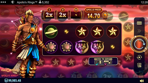 Apollos Rings base game screenshot showing reels and features