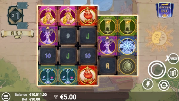 ArcanaPop base game screenshot showing reels and features