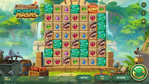 Archie O Loggins and the Enchanted Masks base game screenshot showing reels and features