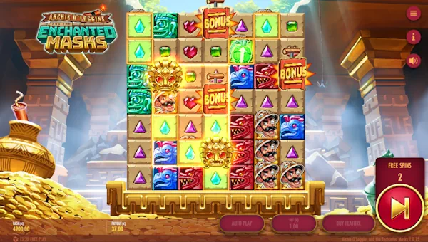 Screenshot of Archie O Loggins and the Enchanted Masks slot demo showing reels and bonus game features