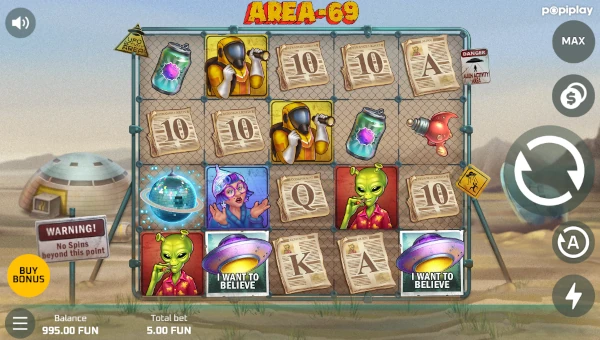 Area 69 base game screenshot showing reels and features