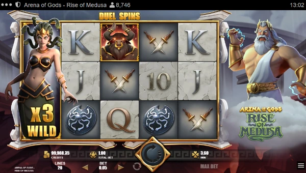Arena of Gods Rise of Medusa base game screenshot showing reels and features