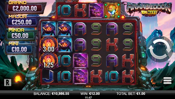 Armageddon 10K Ways base game screenshot showing reels and features