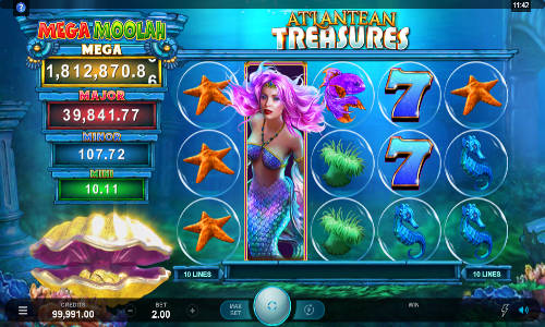 Atlantean Treasures Mega Moolah base game screenshot showing reels and features