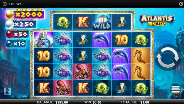 Atlantis 10K Ways base game screenshot showing reels and features