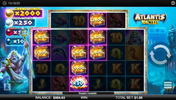 Screenshot of Atlantis 10K Ways slot demo showing reels and bonus game features