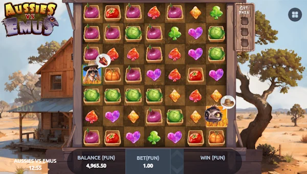 Aussies vs Emus base game screenshot showing reels and features