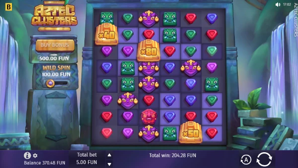 Aztec Clusters base game screenshot showing reels and features