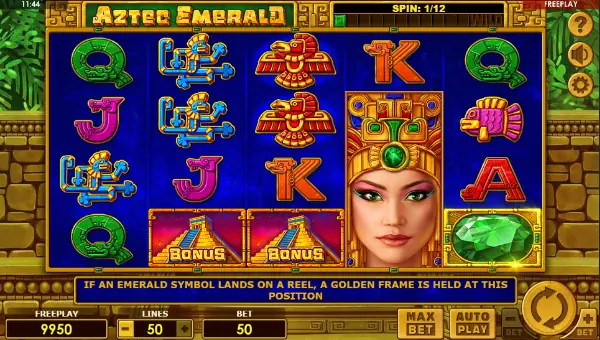 Aztec Emerald base game screenshot showing reels and features