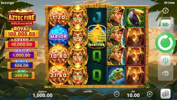 Aztec Fire base game screenshot showing reels and features