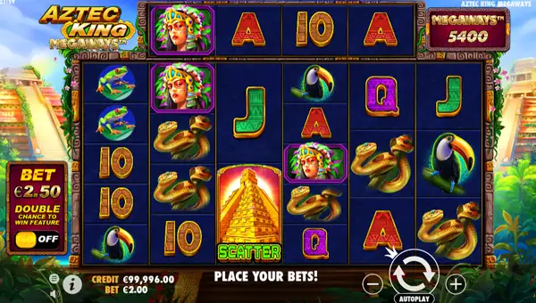 Aztec King Megaways base game screenshot showing reels and features
