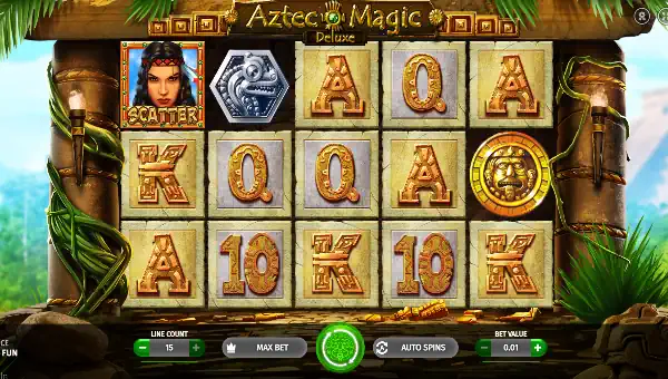 Aztec Magic Deluxe base game screenshot showing reels and features