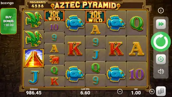 Aztec Pyramid Megaways base game screenshot showing reels and features