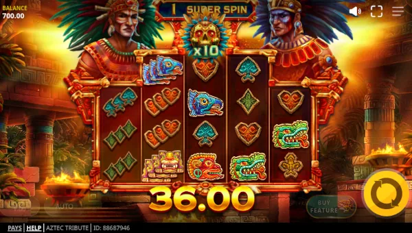 Screenshot of Aztec Tribute slot demo showing reels and bonus game features