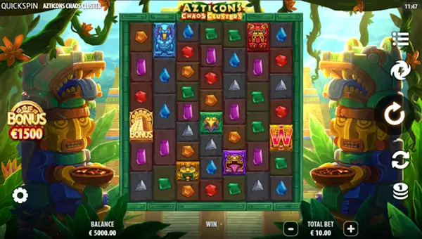 Azticons Chaos Clusters base game screenshot showing reels and features