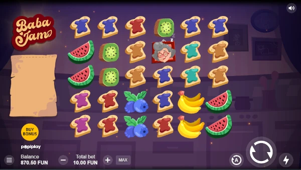Baba Jam base game screenshot showing reels and features