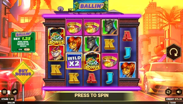 Ballin base game screenshot showing reels and features