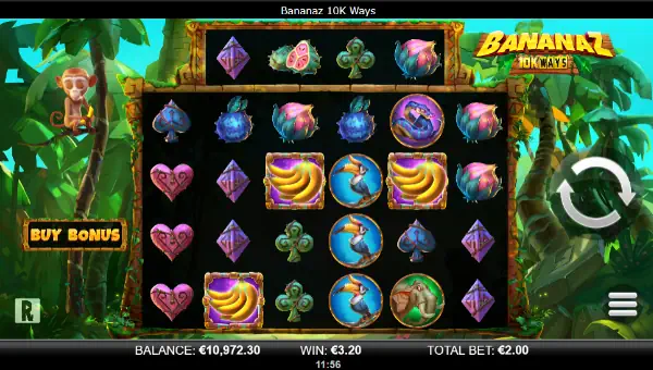 Bananaz 10K Ways base game screenshot showing reels and features