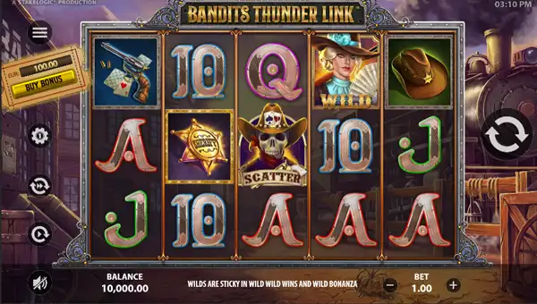 Bandits Thunder Link base game screenshot showing reels and features