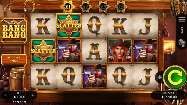 Bang Bang base game screenshot showing reels and features