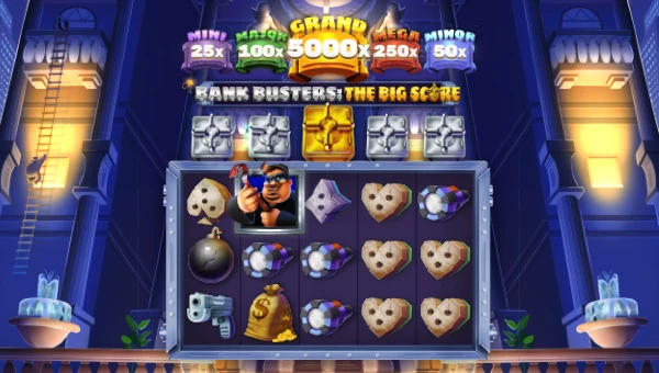 Bank Busters The Big Score base game screenshot showing reels and features