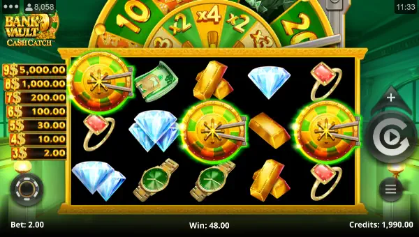 Bank Vault base game screenshot showing reels and features