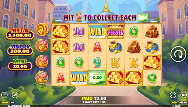Bankin More Bacon base game screenshot showing reels and features