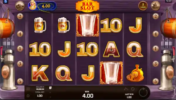 Bar Slot base game screenshot showing reels and features