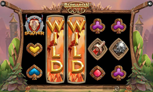 Barbarian Gold base game screenshot showing reels and features