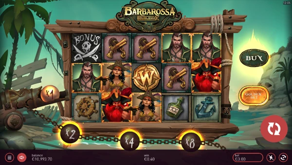 Barbarossa Doublemax base game screenshot showing reels and features