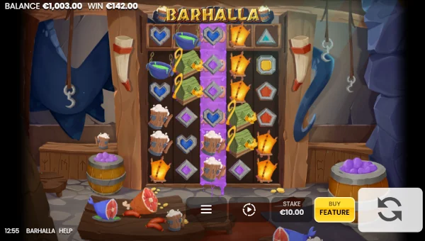 Barhalla base game screenshot showing reels and features