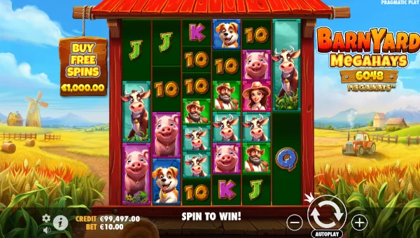 Barnyard Megahays Megaways base game screenshot showing reels and features