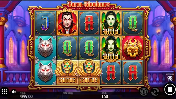 Baron Bloodmore and the Crimson Castle base game screenshot showing reels and features