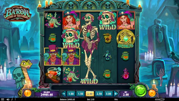 Baron Lord of Saturday base game screenshot showing reels and features
