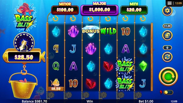 Bass Blitz base game screenshot showing reels and features