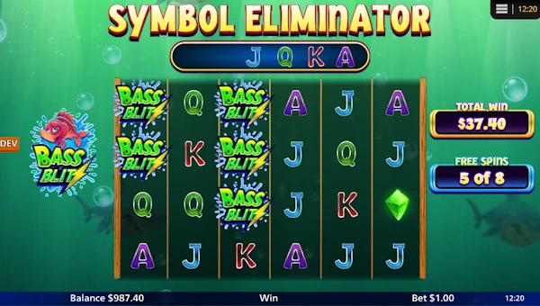 Screenshot of Bass Blitz slot demo showing reels and bonus game features