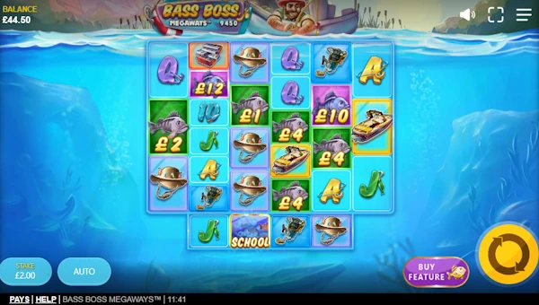Bass Boss Megaways base game screenshot showing reels and features