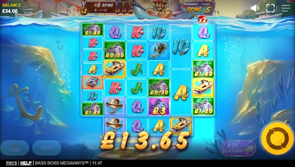 Screenshot of Bass Boss Megaways slot demo showing reels and bonus game features