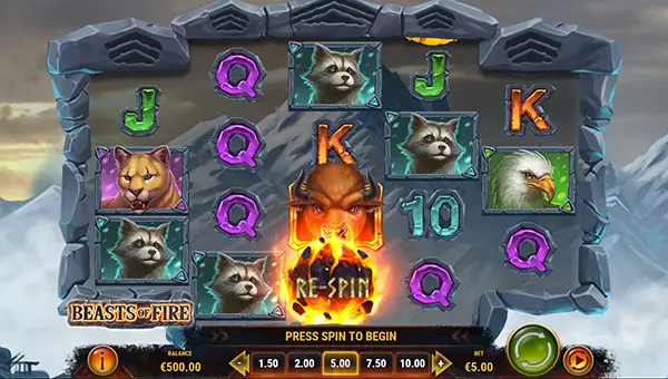 Beasts of Fire base game screenshot showing reels and features
