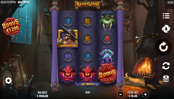 Beastwood base game screenshot showing reels and features
