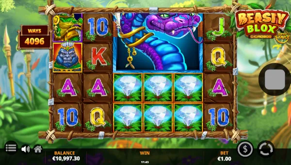 Beasty Blox Gigablox base game screenshot showing reels and features