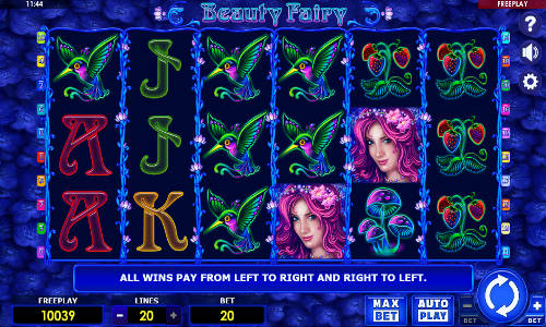 Beauty Fairy base game screenshot showing reels and features