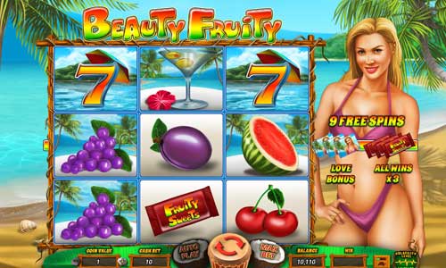 Beauty Fruity base game screenshot showing reels and features