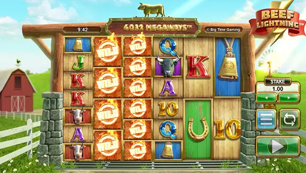Beef Lightning Megaways base game screenshot showing reels and features