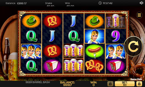Beer Barrel Bash base game screenshot showing reels and features