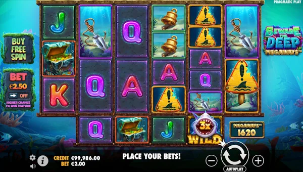 Beware the Deep Megaways base game screenshot showing reels and features